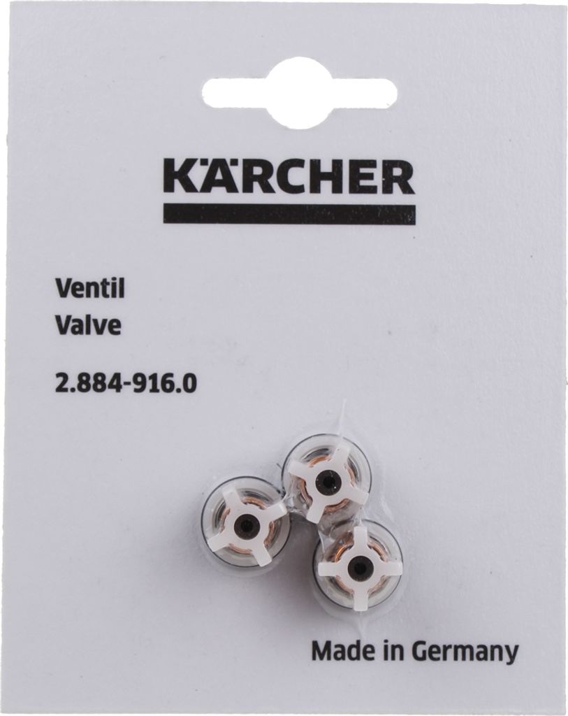 A retail package containing three small valves for a Karcher product.