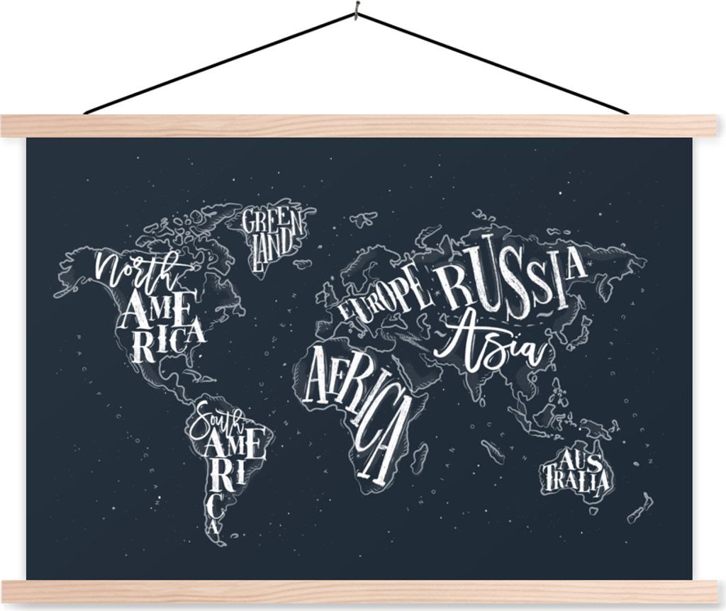 MuchoWow Textilposter Weltkarte - Schwarz - Weiß - Buchstaben 120x80 cm mit holzfarbenen Rahmen - Aufhängeset