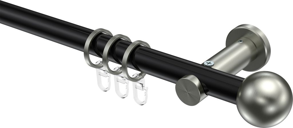 Interdeco Gardinenstange / Vorhangstange Schwarz / Edelstahl-Optik, Typ Platon Luino (Kugel), 20 mm Ø 1-läufig, 520 cm