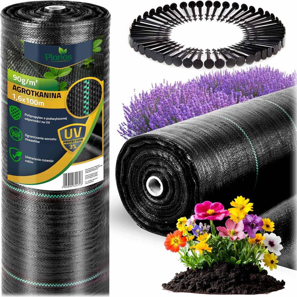 Garten-Agrotextil 1,6 m x 100 m 90 g/m2 + 100 Plonos-Stifte - schwarz