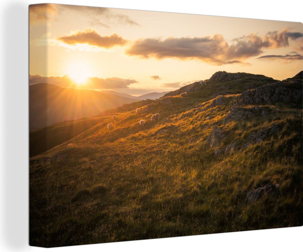 OneMillionCanvasses - Leinwandbilder - 140x90 cm, Ein Sonnenuntergang über den Hügeln mit grasenden Schafen, Wandbilder Kunstdruck Wanddekoration