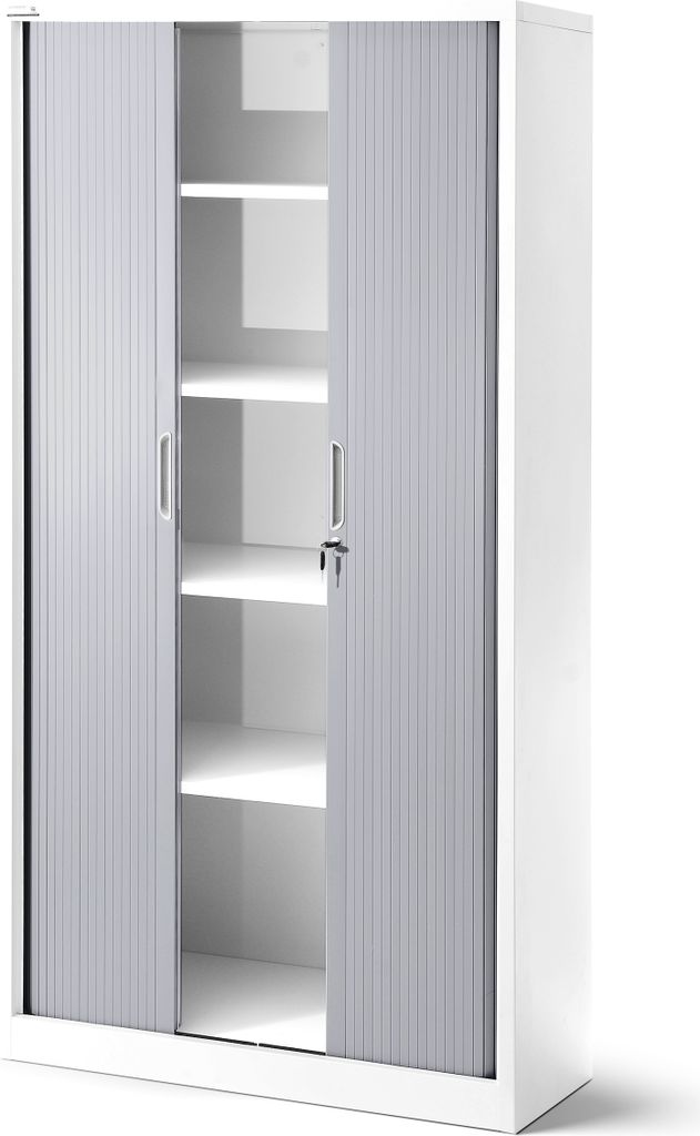 Rollladenschrank T001 Jalousieschrank Aktenschrank Büroschrank 4 Fachböden Rolltür abschließbar 185 cm x 90 cm x 45 cm Farbe: Weiß-grau