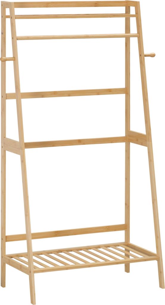 HOMCOM Kleiderständer mit 2 Ablagen, 2 Haken und 1 Kleiderstange aus Bambus – 82 x 36,8 x 140 cm