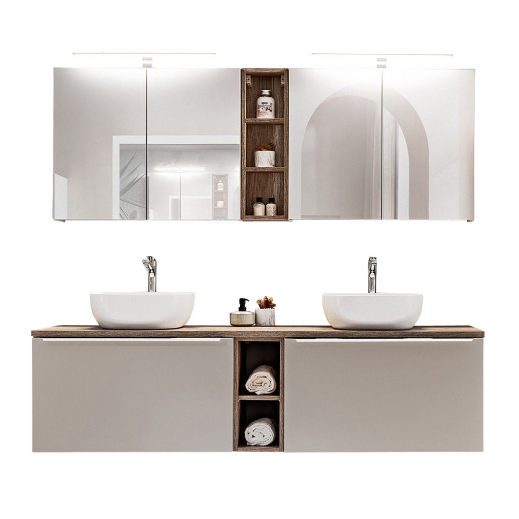 Badmöbel 180cm Waschtisch Set PUEBLA-56-TAUPE in taupe mit Vintage Oak Eiche, 2 Spiegelschränke, B/H/T 180,4/200/46 cm