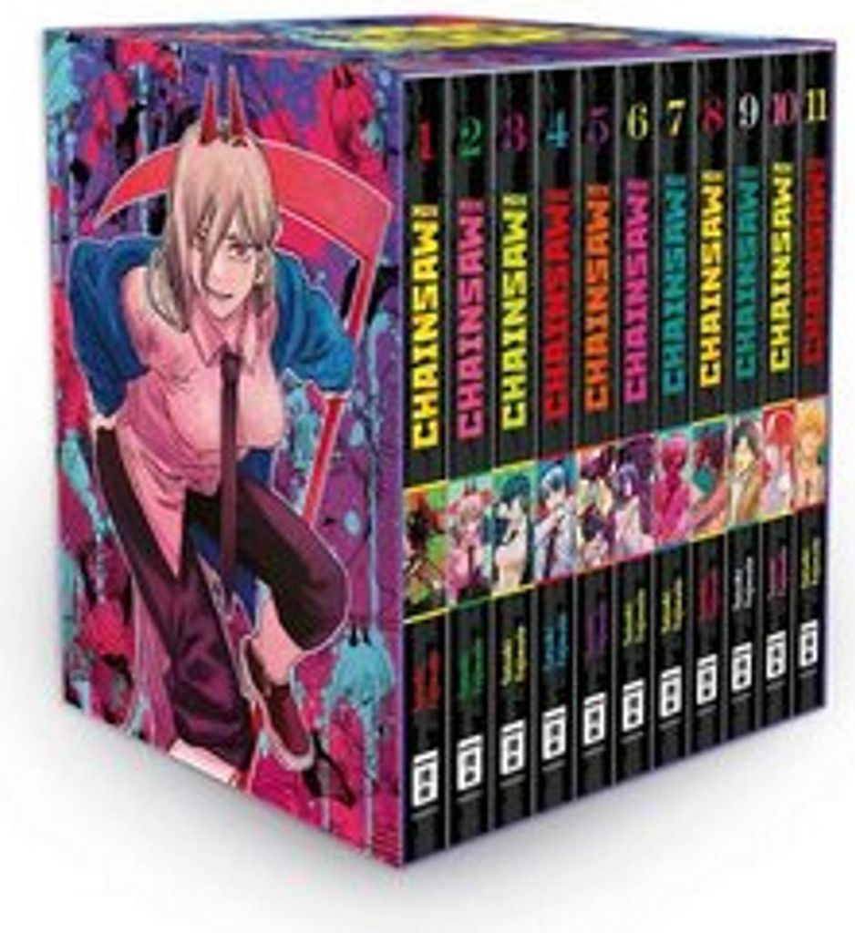 A box set of Chainsaw Man manga volumes.