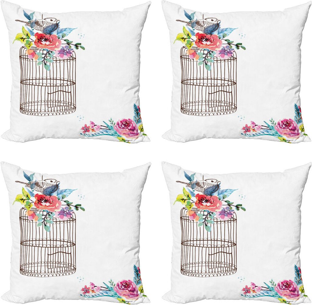 ABAKUHAUS Aquarell Kissenbezug Set (4 Stück), Sketch Bird Cage, Moderner Doppelseitiger Digitaldruck, 45 cm x 45 cm, Brown Multicolor