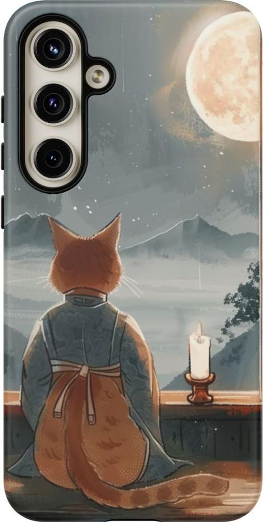 Mondnacht mit Katze im traditionellen Gewand – Hülle Kompatibel mit Galaxy S24 Plus