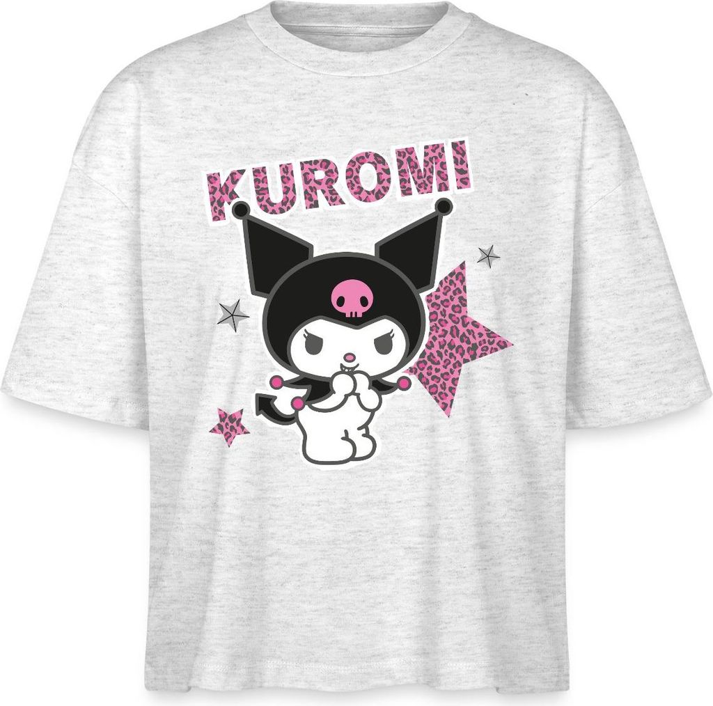 Spreadshirt Kuromi Mit Schriftzug Leo Stil Boxy Shirt Damen, XL, Weiß meliert