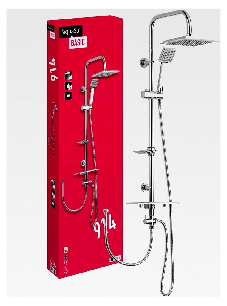 Basic Duschsystem 914 | Ø 7,5 cm Handbrause mit Regenstrahl | Ø 20 x 20 cm Kopfbrause | Anti-Kalk | Wassersparend | 95 cm Duschstange | Metall-Br...