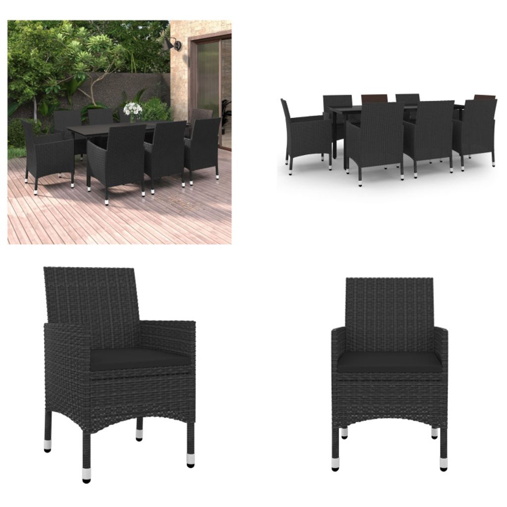 vidaXL 9 tlg. Garten Essgruppe mit Auflagen Poly Rattan und Glas - Garten-Essgruppe - Garten-Essgruppen - Outdoor-Essgruppe - Gartentisch Und Stuhl