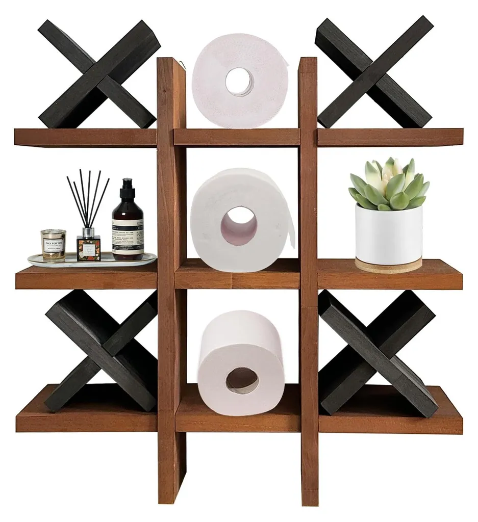 Porte-papier hygiénique morpion en bois avec tablette et 4 supports X