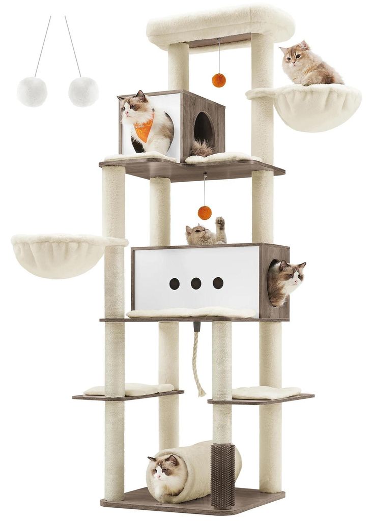 Katzenbaum - Kratzbaum - 197 cm hoch, 4 Ebenen, 2 Höhlen, 2 Liegeschalen, modernes Design, Holz - Greige