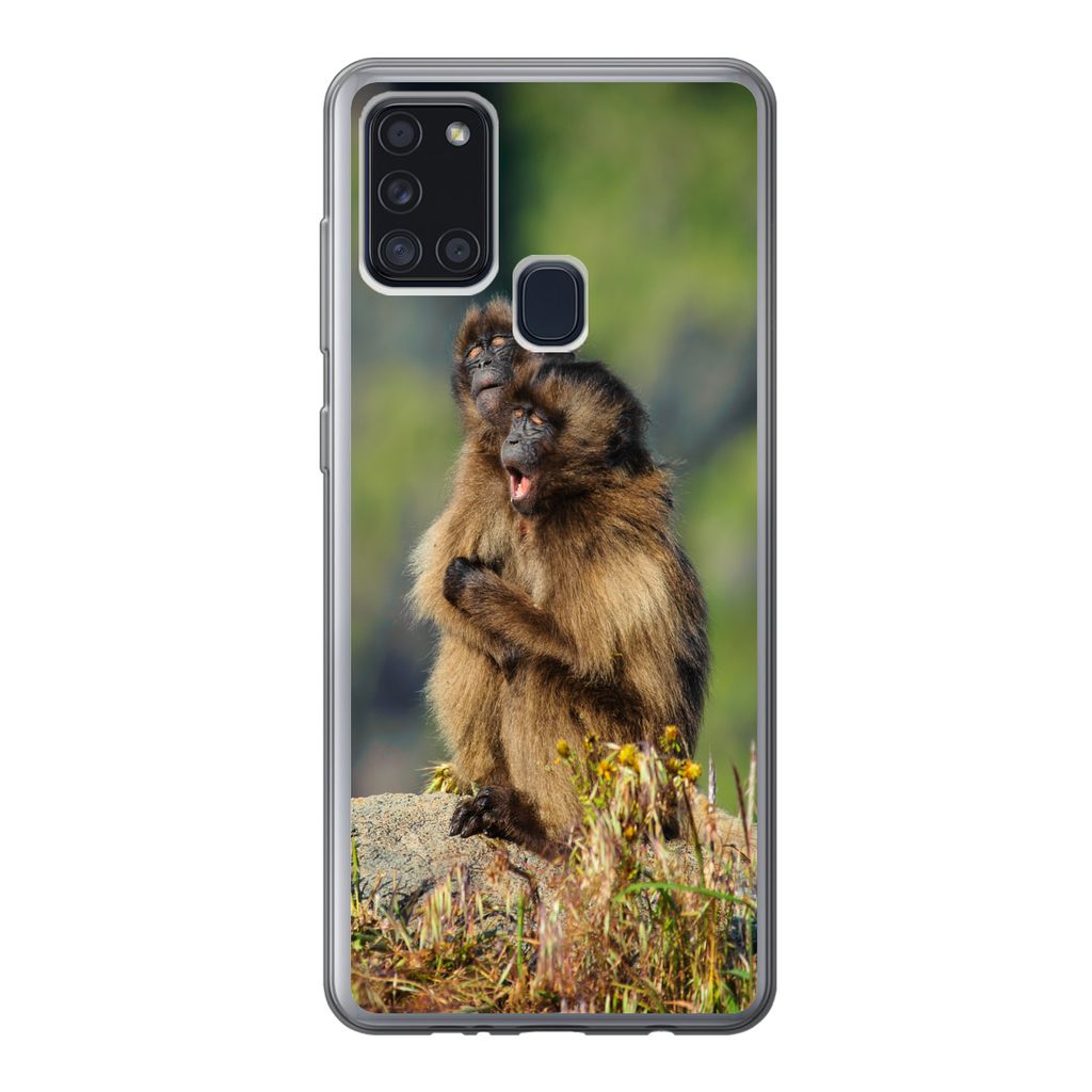 MuchoWow Handyhülle Schutzhülle Hülle für Samsung Galaxy A21s Affen - Pflanzen - Steine - Familie Silikon Softcase Handy Hülle - Hartschale