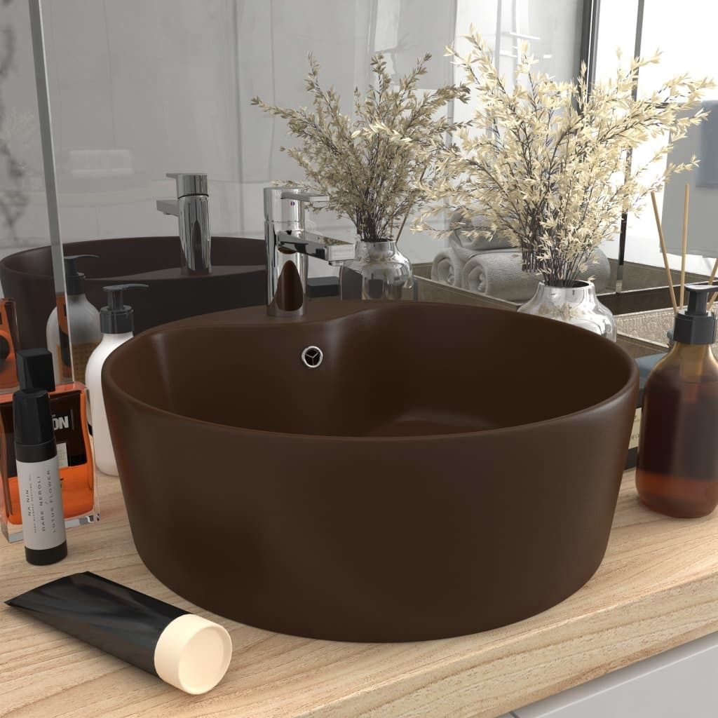 "SALE 2026"Luxus-Waschbecken - elegantes Design - Aufsatzwaschbecken - mit Überlauf Matt Dunkelbraun 36x13cm Keramik DE892337 - Waschbecken