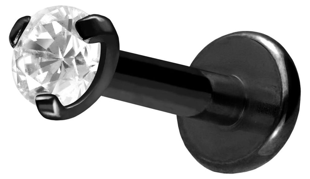 Ohrpiercing, Nasenpiercing Titan Labret mit Innengewinde EINGEFASSTER KRISTALL Schwarz Stablänge: 10mm | Stabstärke: 1,6mm | Kristallgröße: 2mm