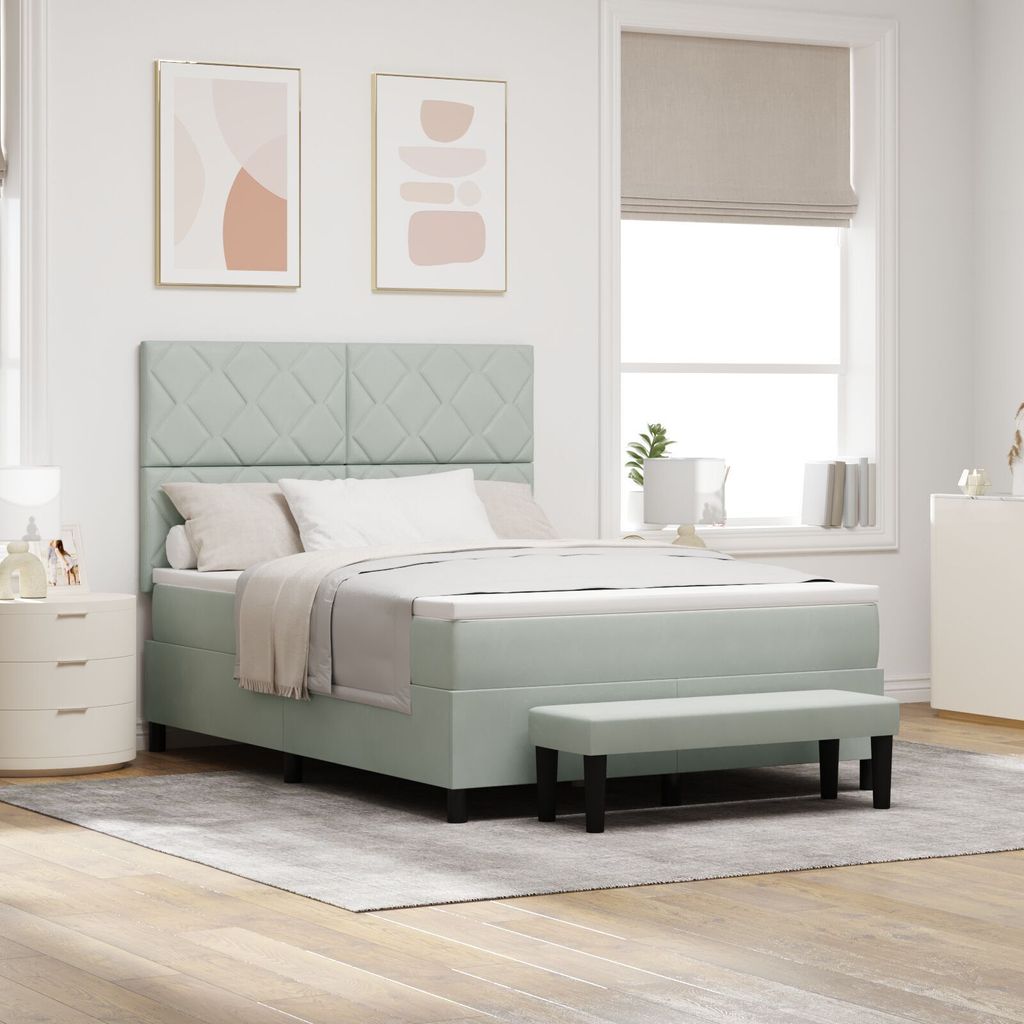 Boxspringbett mit Matratze & Bank Hellgrau 140x190 cm Samt, Klassische Betten DesignMöbel Neu