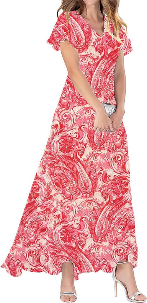 ASKSA Damen Sommerkleid Blumendruck Lang Ruesche Kurzarm V Ausschnitt Strandkleider Boho Beach Midikleid Freizeitkleid (Rot,M)