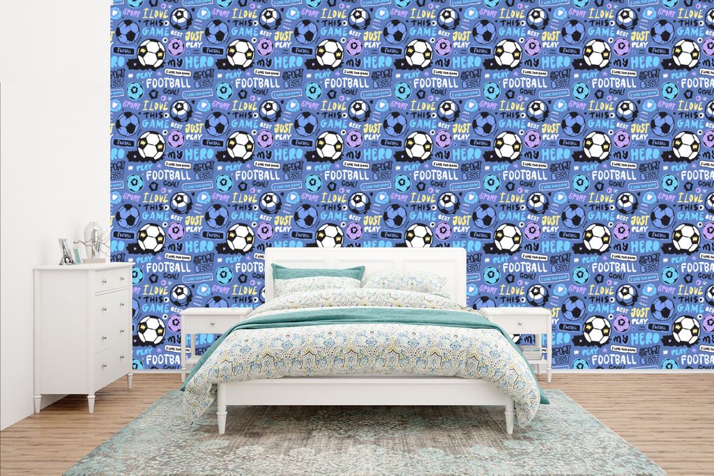 MuchoWow Fototapete für Wohnzimmer oder Schlafzimmer Wandtapete Vinyl Motivtapete Muster - Fußball - Blau - Jungen - Kinder - Kleiner Junge - 4...