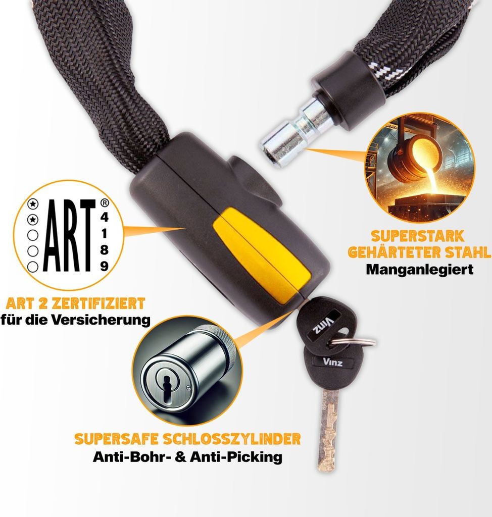 VINZ Veymont Kettenschloss ø8,3mm | Fahrradschloss ART 2 Zertifikat | Schloss für Fahrrad E-bike Kunstfaserummantelung | Kette Panzerschloss aus ...