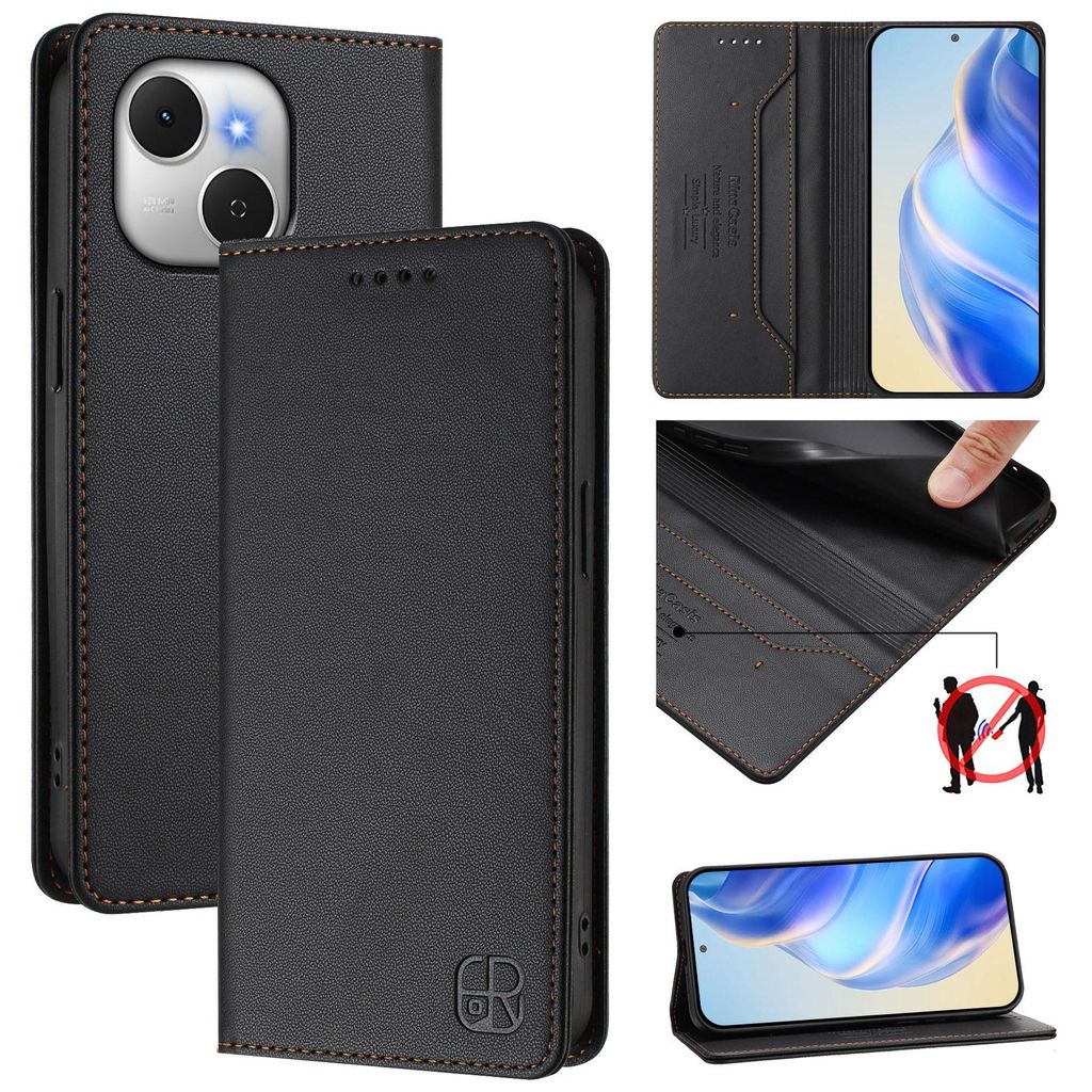 Lederhülle für Tecno Spark 40C Hülle Flip Brieftasche Kartenfächern Ständer Schutzhülle Schwarz