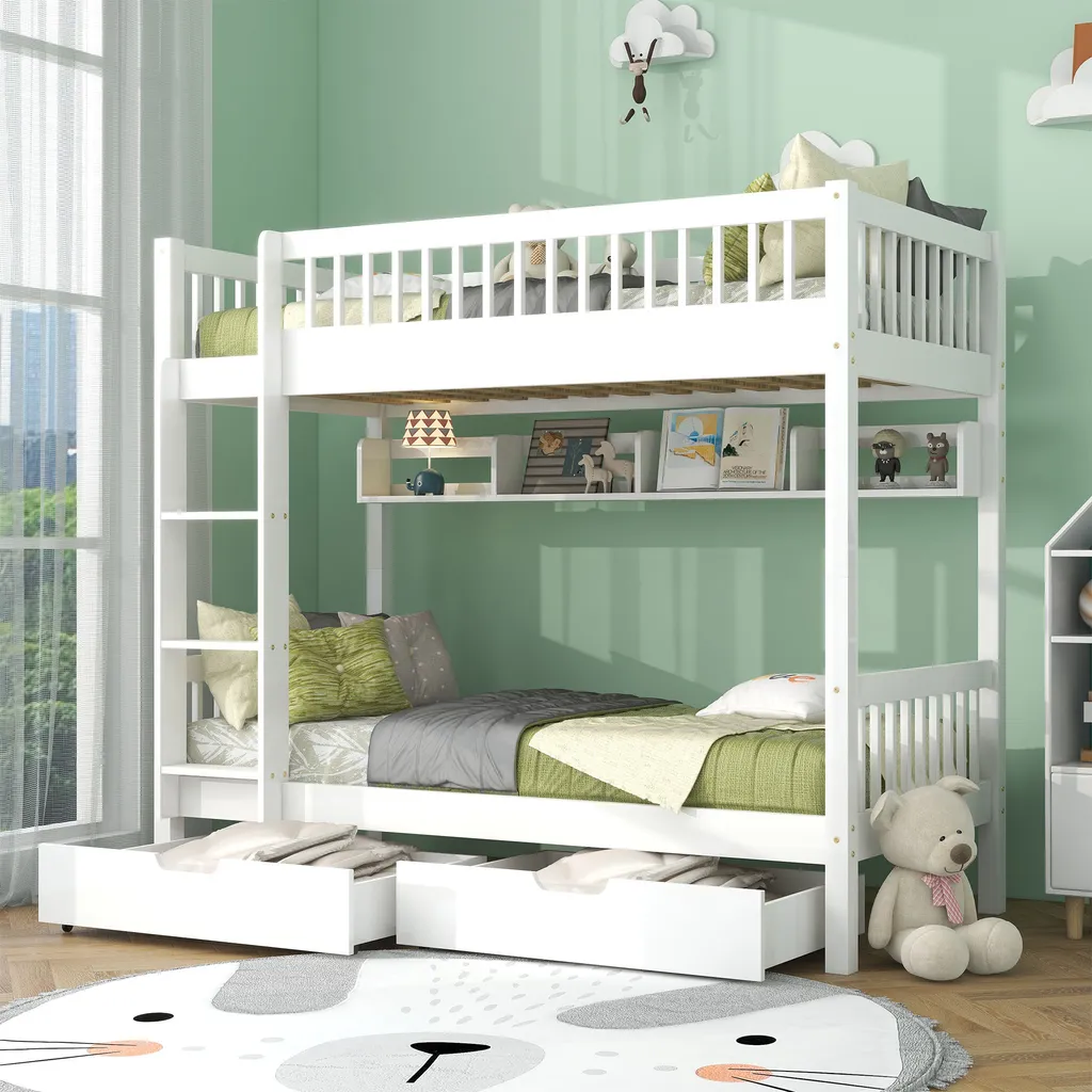 Lit superposé 90x200 gain de place pour chambre enfant avec grand rangement