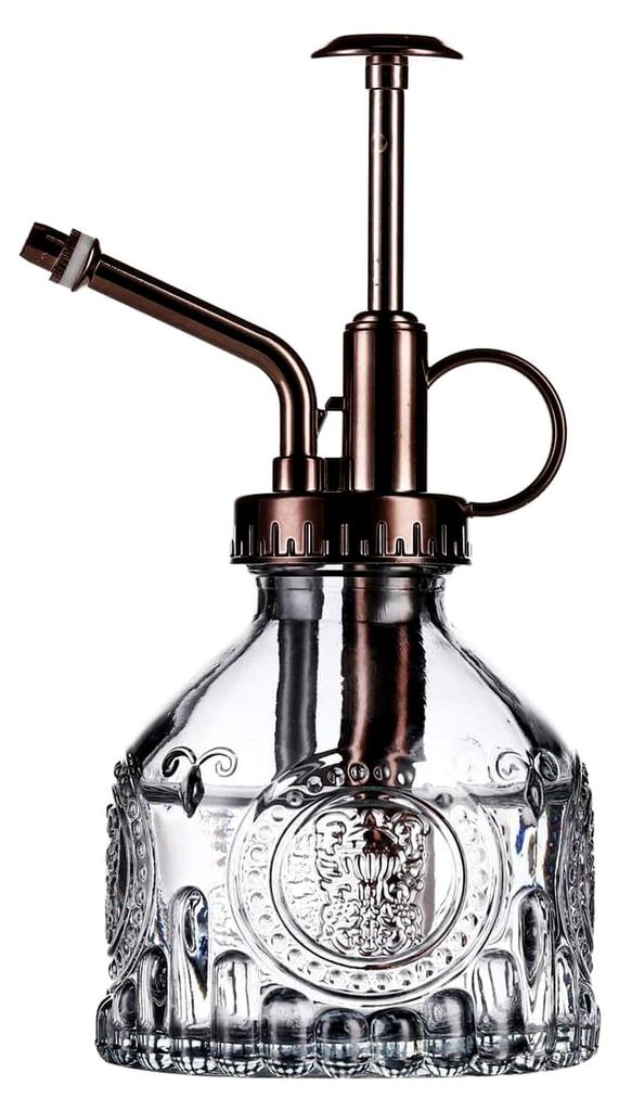 Glas-Pflanzen-Sprühflasche, 16,5 cm, graue Wassersprühflasche mit bronzefarbener Pumpe, kleine Gießkanne, Pflanzensprüher