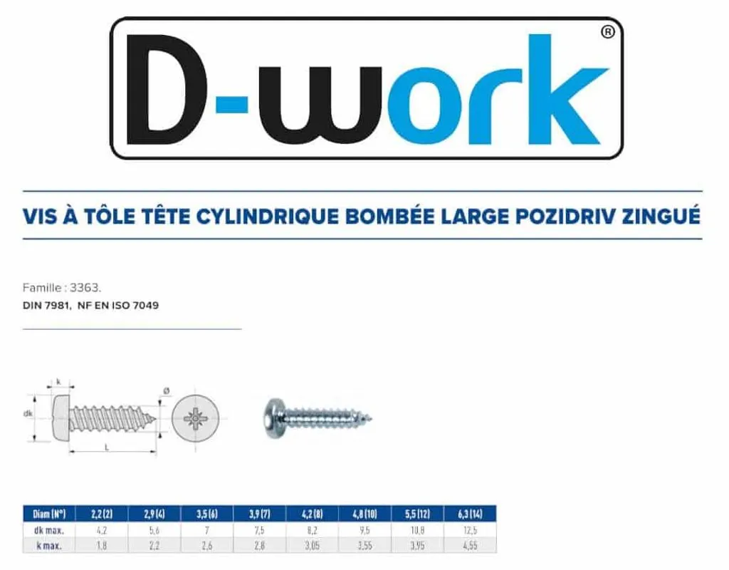 1000 Vis à Tôle Pozidriv 3.5 x 19 mm DIN 7981 D-Work en Acier Zingué