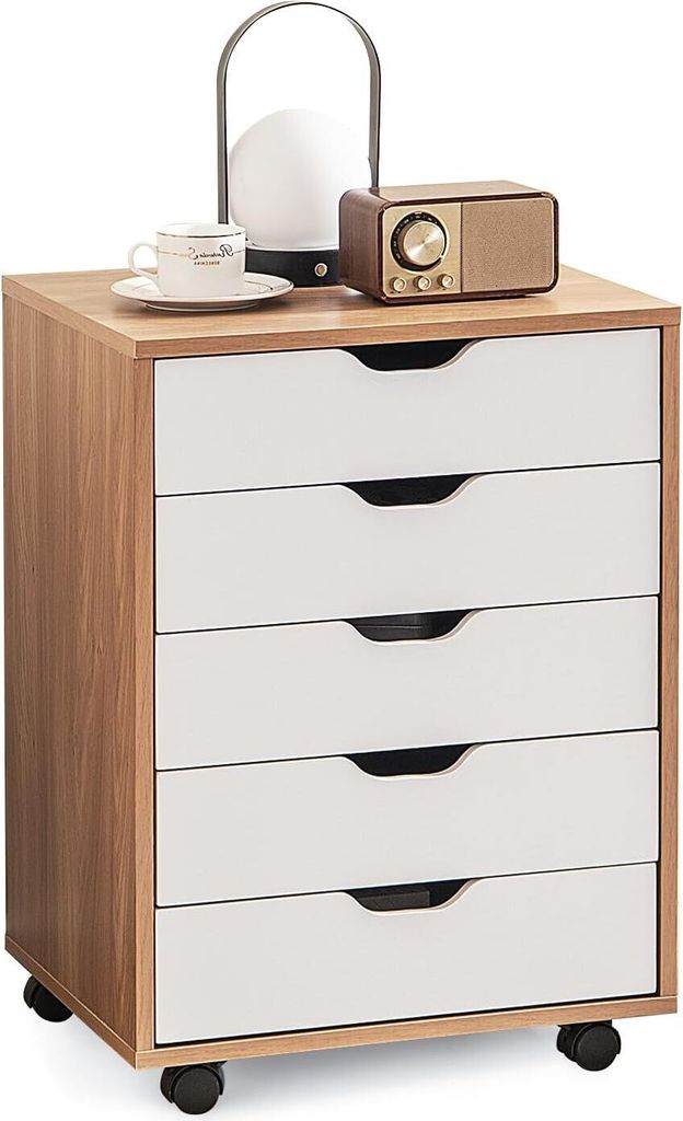 KOMFOTTEU Rollcontainer mit Schubladen, mobiler Aktenschrank Schubladenschrank mit Räder, Bürowagen Druckerständer, 49x42x66cm (Natur)