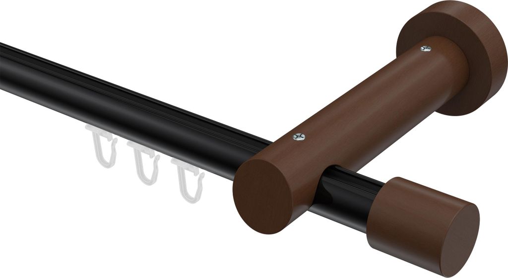 Interdeco Innenlaufstange / Gardinenstange mit Innenlauf Schwarz / Nussbaum lackiert, Typ Talent Feta (Kappe), 20 mm Ø 1-läufig, 520 cm
