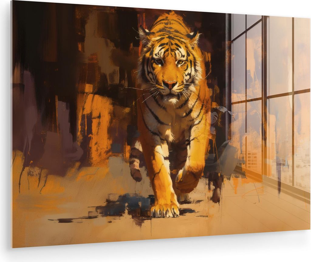 MuchoWow Glasbilder - Bilder auf Wandbild - Foto auf Glas Tiger - Gemalt - Orange - Pinselstriche 60x40 cm Wanddekoration aus Glas - Acrylglasbild ...