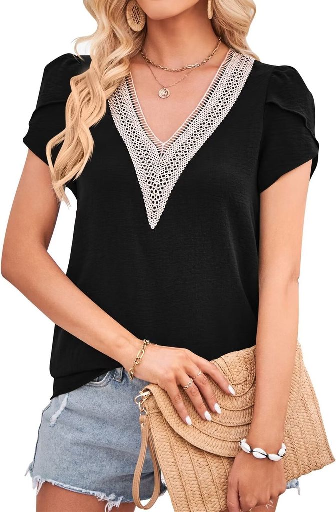 ASKSA Damen T-shirt V-Ausschnitt Blütenblatt Ärmel Bluse Spitzenbesatz Kurzarm Sommer Elegant Shirts Tunika Einfarbig Tops, Schwarz, XXL