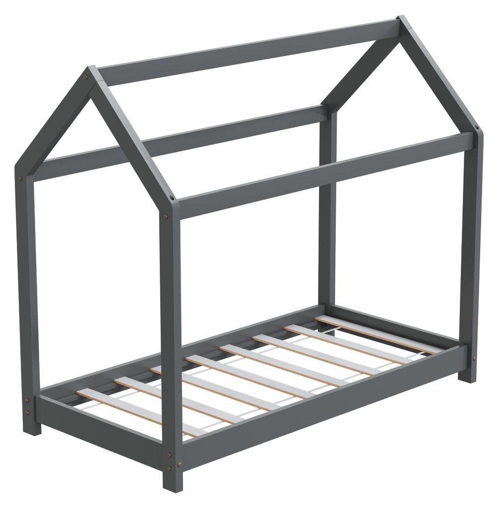 HAGO24 Kinderbett 70x140cm Grau Kinderhaus Bett Kiefernholz Hausoptik Dach Bodentiefer Einstieg Montessori Lattenrost Spielbett