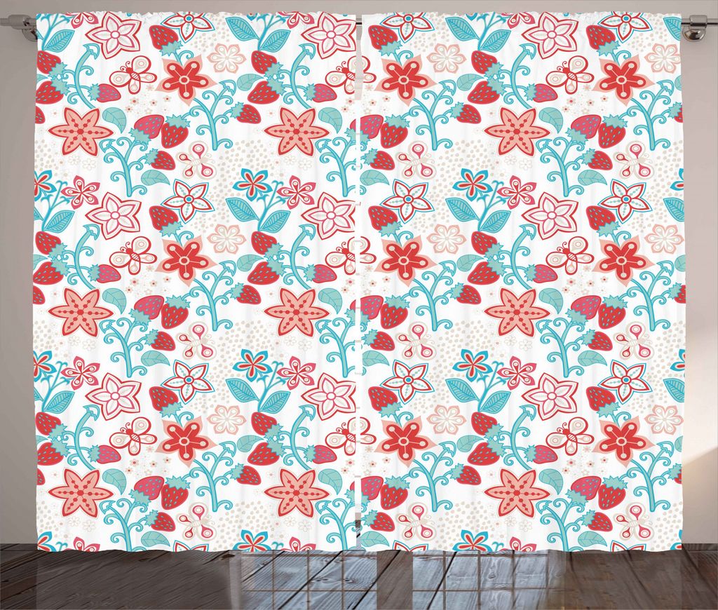 ABAKUHAUS Blumen Rustikaler Vorhang, Blumen Beeren, Wohnzimmer Universalband Gardinen mit Schlaufen und Haken, 280 x 245 cm, Dunkler Coral Aqua