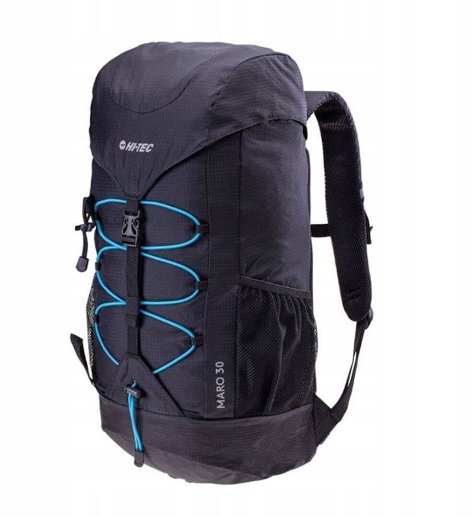 A black outdoor backpack with blue accents is shown against a white background.