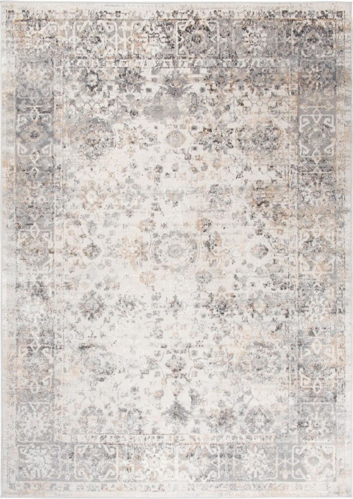 A top-down view of a rectangular rug with a distressed, vintage-inspired pattern.