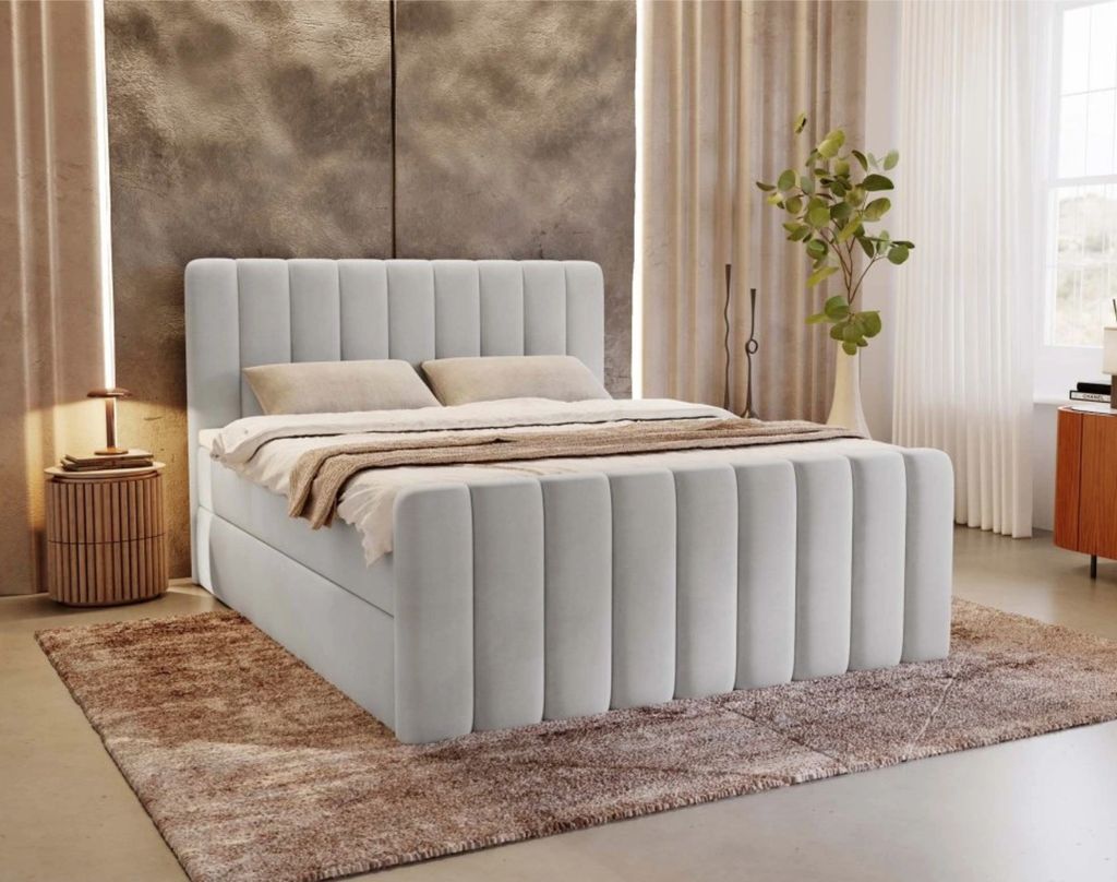 MYSEN Boxspringbett 160x200 Magic Plus mit Bettkästen mit Matratze (14 cm) mit Topper (4 cm) Komplett-Set Polsterbett Bonell H3 Hellgrau
