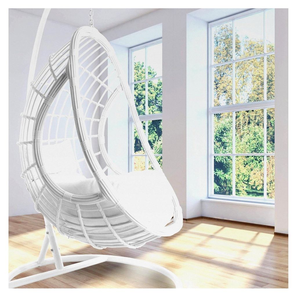 Komplettset: weißer Hängesessel mit Gestell und Kissen, Schwingsessel, Poly-Rattan, Loungemöbel