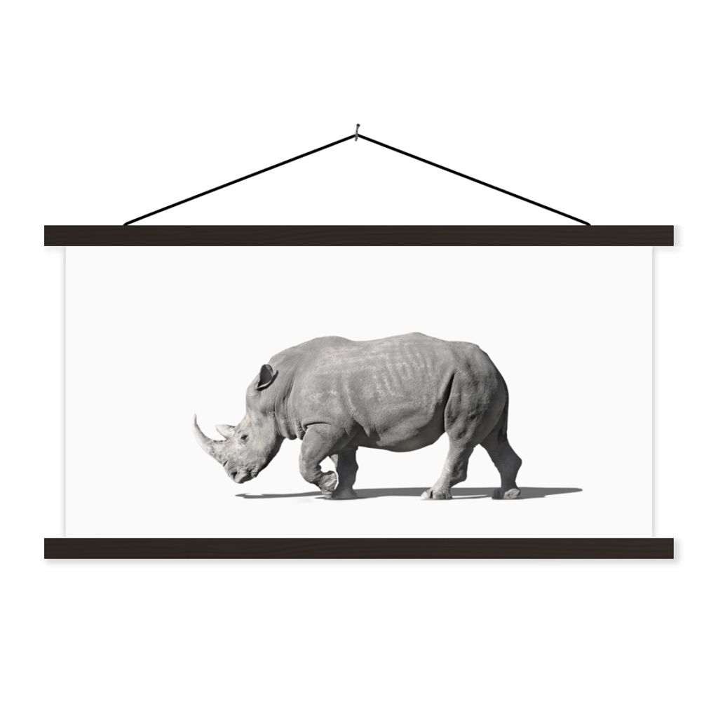 MuchoWow Textilposter Rhinozeros - Tiere - Weiß 150x75 cm mit schwarzem Rahmen - Posterleiste