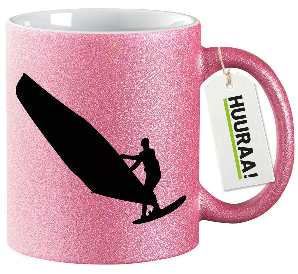 Huuraa Glitzertasse Windsurfen Silhouette 330ml Pink Keramik Kaffeebecher Geschenkidee