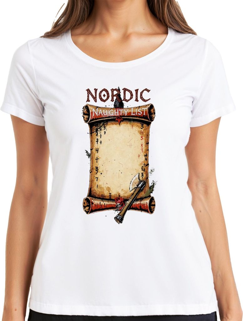 Viking Nordic Naughty List Runes Axt Weihnachtsgeschenk Retro Damen T-Shirt, Weiß, 3XL