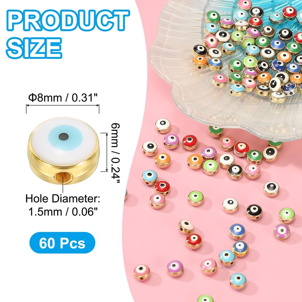 8mm B?se Augen Perlen, 60 Stš¹ck Flache Runde Tš¹rkische B?se Augen Charme mit Goldenem Rand Spacer Perlen Augapfel Perle fš¹r Armband DIY Ha...