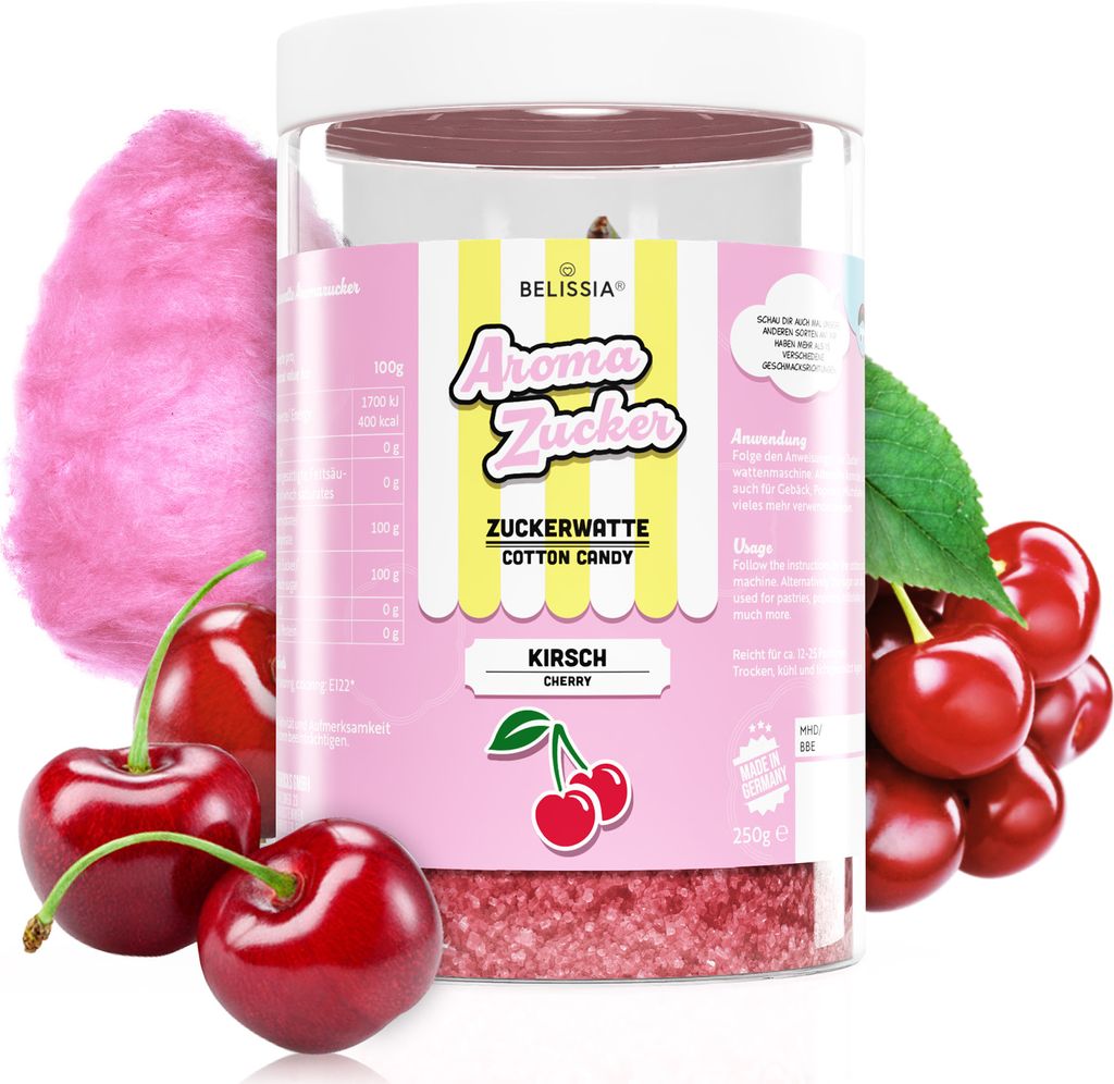 Belissia Aroma Zucker - Kirsche - 250 g Aromatisierter Zucker für Zuckerwatte, Backen, Desserts, Slush & mehr - Farbig, Intensiv, Vielseitig