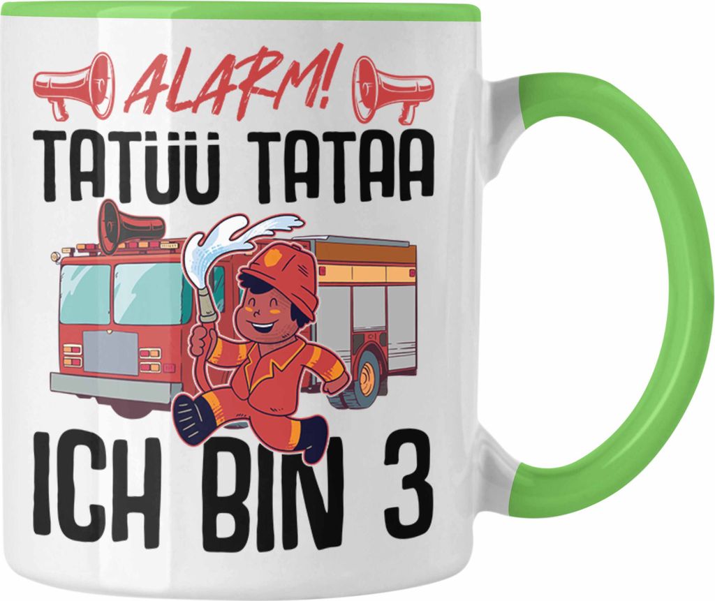 Trendation - 3. Geburtstag Geschenk Jungs Feuerwehr Tasse Geschenke Zubehör Lustig Kinder Geburtstag Spruch Ich Bin 3 (Grün)