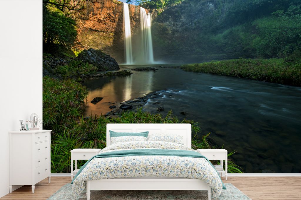 MuchoWow Fototapete für Wohnzimmer oder Schlafzimmer Wandtapete Vinyl Motivtapete Wasserfall im Wald - 450x300 cm - Gemusterte