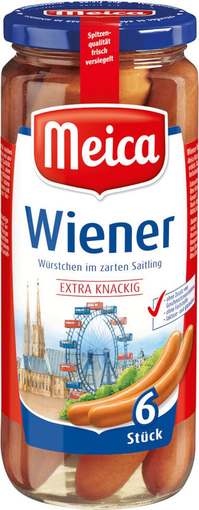 A glass jar of Meica Wiener sausages.
