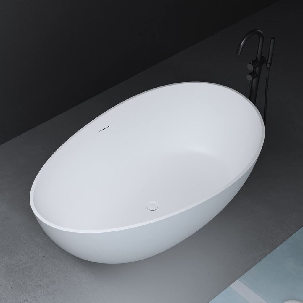 Mai & Mai Freistehende Badewanne Oval Mienralguss-Standbadewanne inkl. Pop Up Ablaufgarnitur Weiß 160x95x60cm Vicenza911