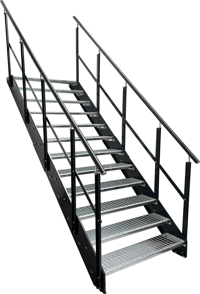 Stahl Wangentreppe Gitterroststufen 12 Stufen beidseitiges Geländer - Verzinkt & Anthrazit pulverlackierten Seiten - (B x H x T) 120 x 228 x 234 cm