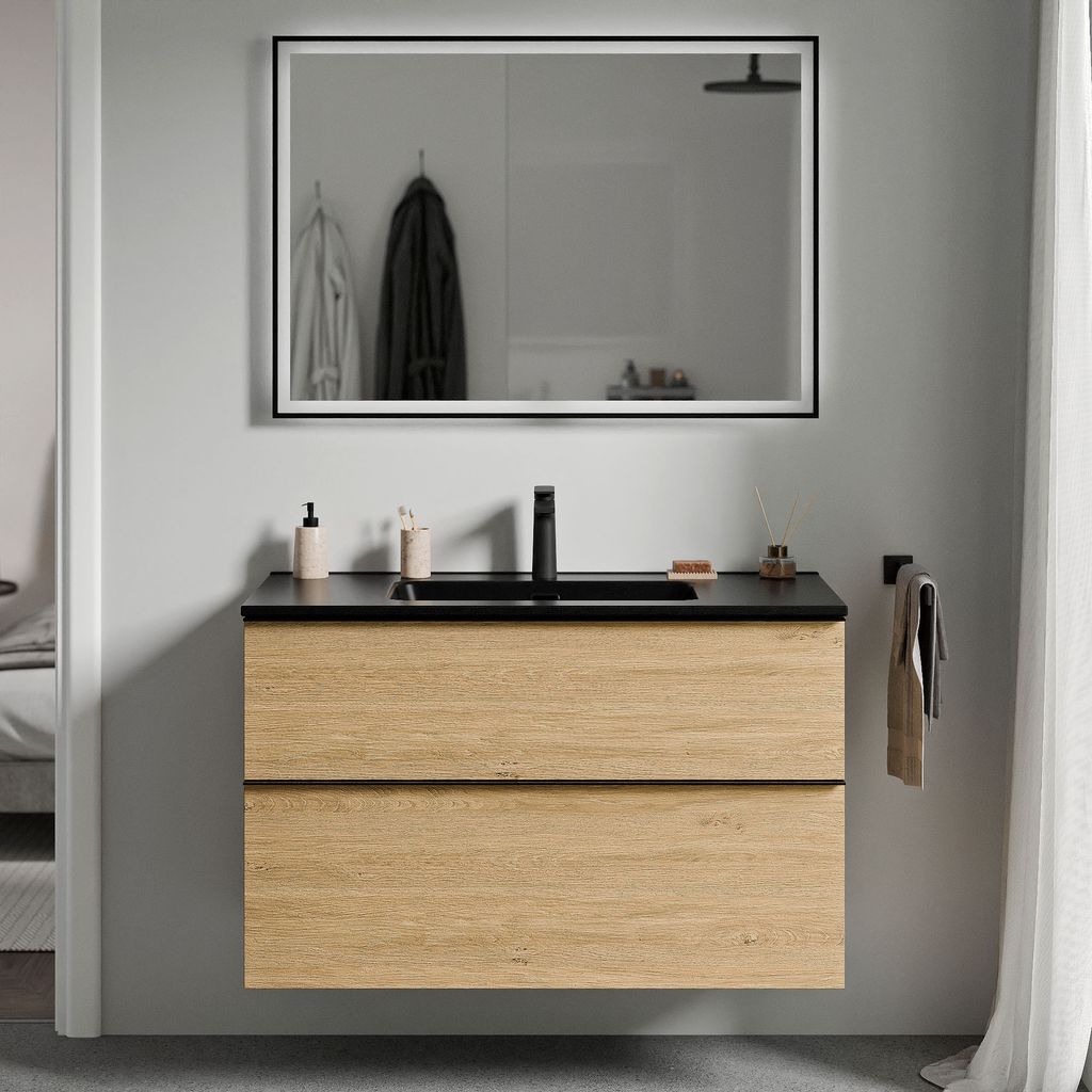 Waschtischunterschrank LAVOA 80 cm mit Waschbecken - Farbe wählbar, Farbe Badmöbel:Eiche Honiggold, Waschbecken:Schwarz matt, Metallgriff:Anthraz...