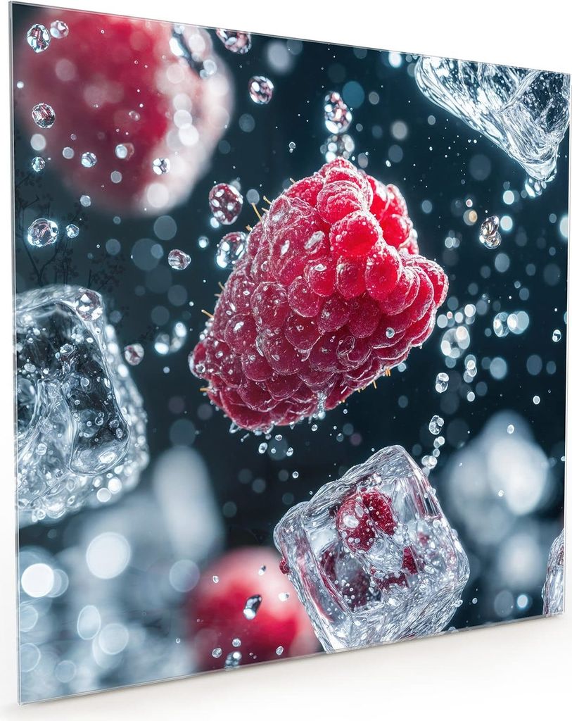 Küchenrückwand Spritzschutz Glas mit Motiv Himbeeren im Regen 40 x 40 cm