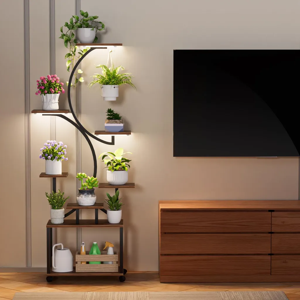 Support plantes 8 niveaux brun avec lampes de croissance intégrées - 2